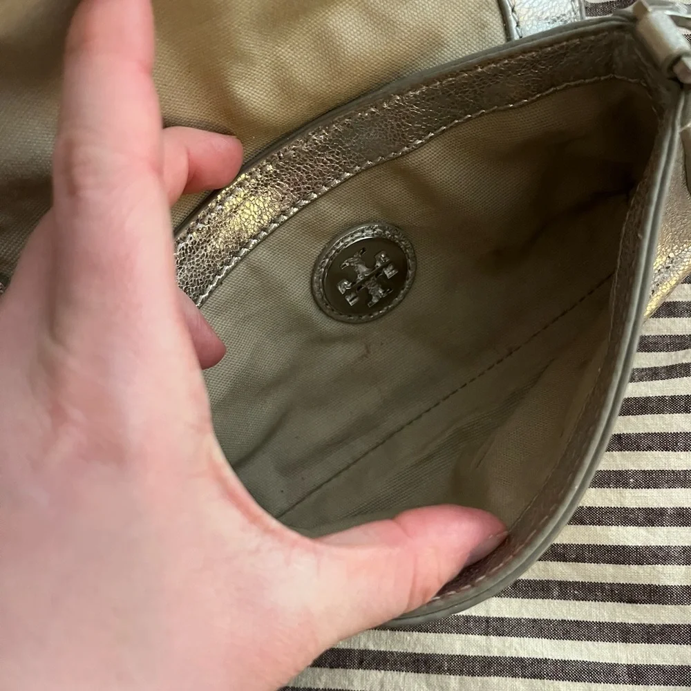 Tory Burch Metallic Taupe Leather Flap Wristlet
